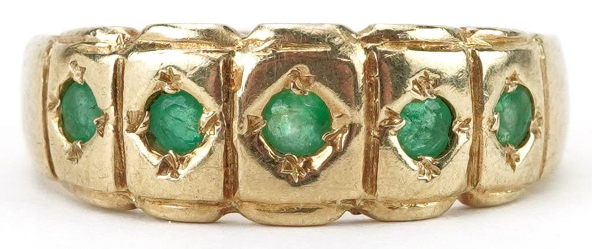 9ct gold emerald five stone ring, size K, 3.7g