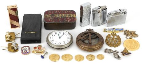 Sundry items including military cap badges, pocket lighters, a silver gilt pendant on necklace and a