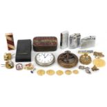 Sundry items including military cap badges, pocket lighters, a silver gilt pendant on necklace and a