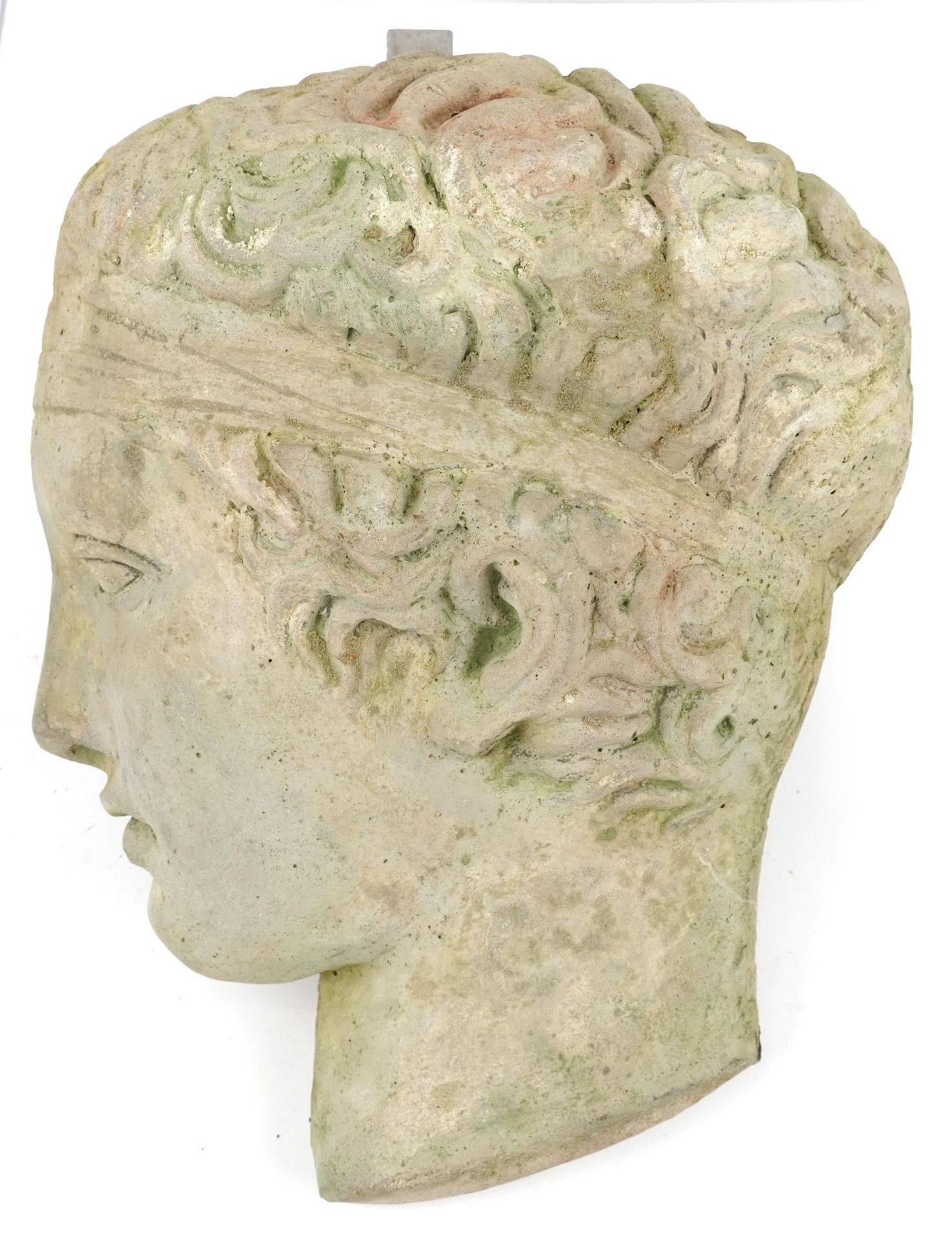 Classical garden stoneware face plaque in the form of Diadoumenos