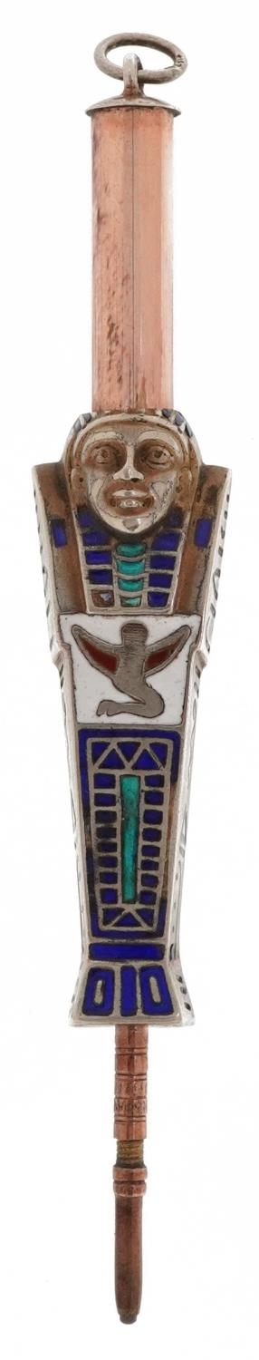 Egyptian Revival unmarked silver enamel propelling pencil in the form of Tutankhamun, 8cm in - Image 2 of 3