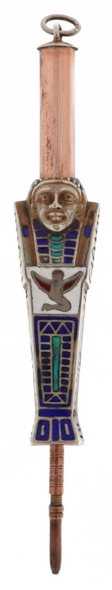 Egyptian Revival unmarked silver enamel propelling pencil in the form of Tutankhamun, 8cm in - Bild 2 aus 3
