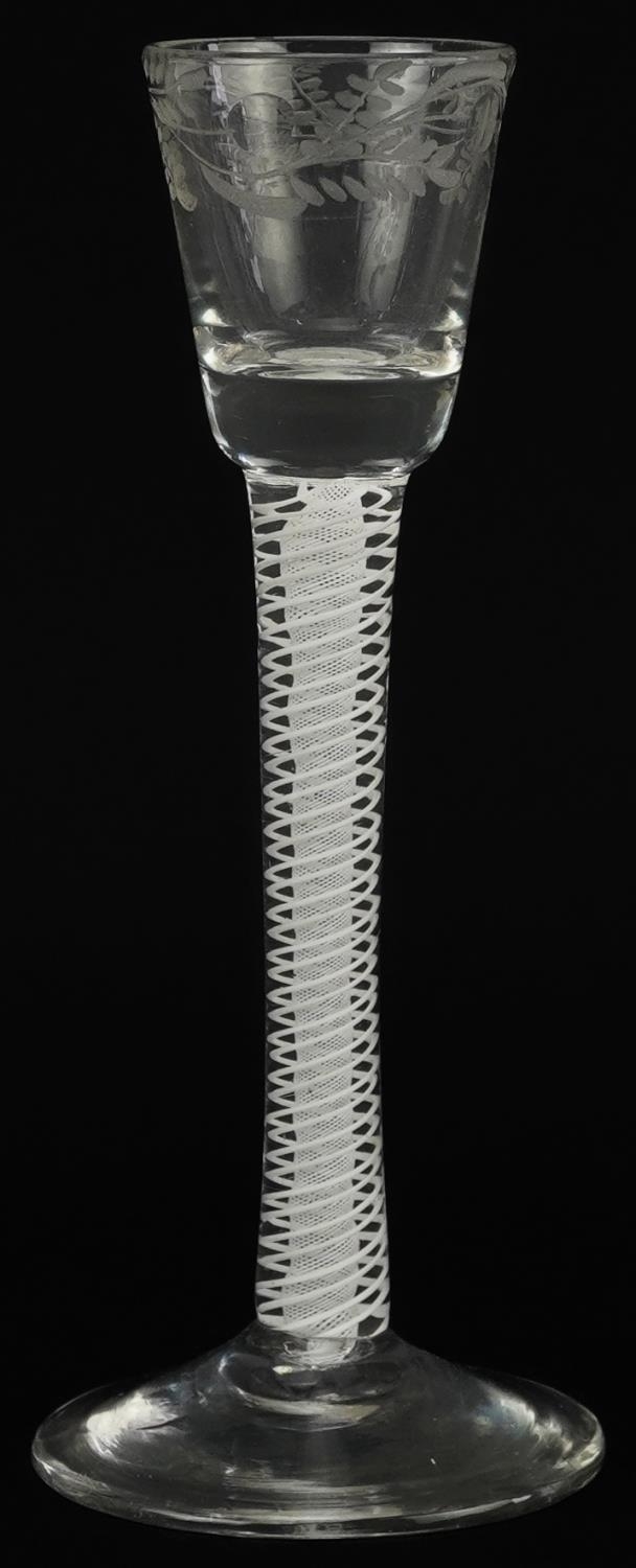 18th century cordial glass with multiple opaque twist stem and floral engraved bowl, 16.5cm high