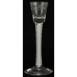 18th century cordial glass with multiple opaque twist stem and floral engraved bowl, 16.5cm high