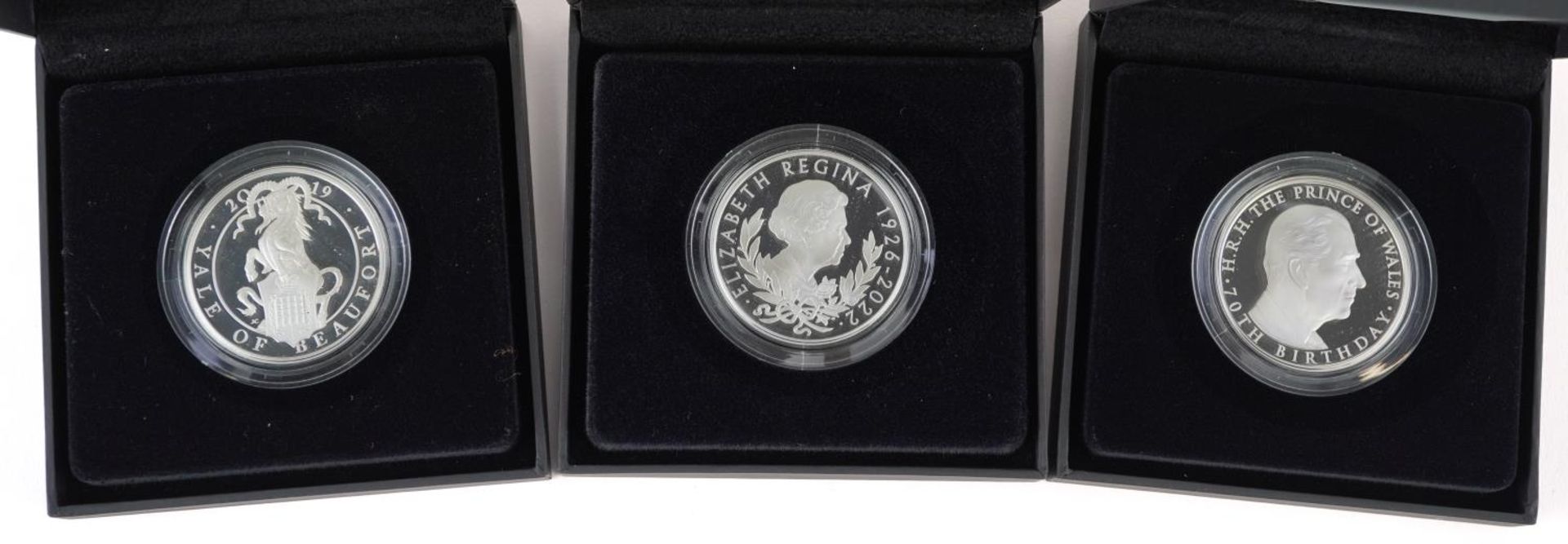 Three silver proof coins by The Royal Mint with cases and boxes, comprising 2019 one ounce coin - Image 2 of 3