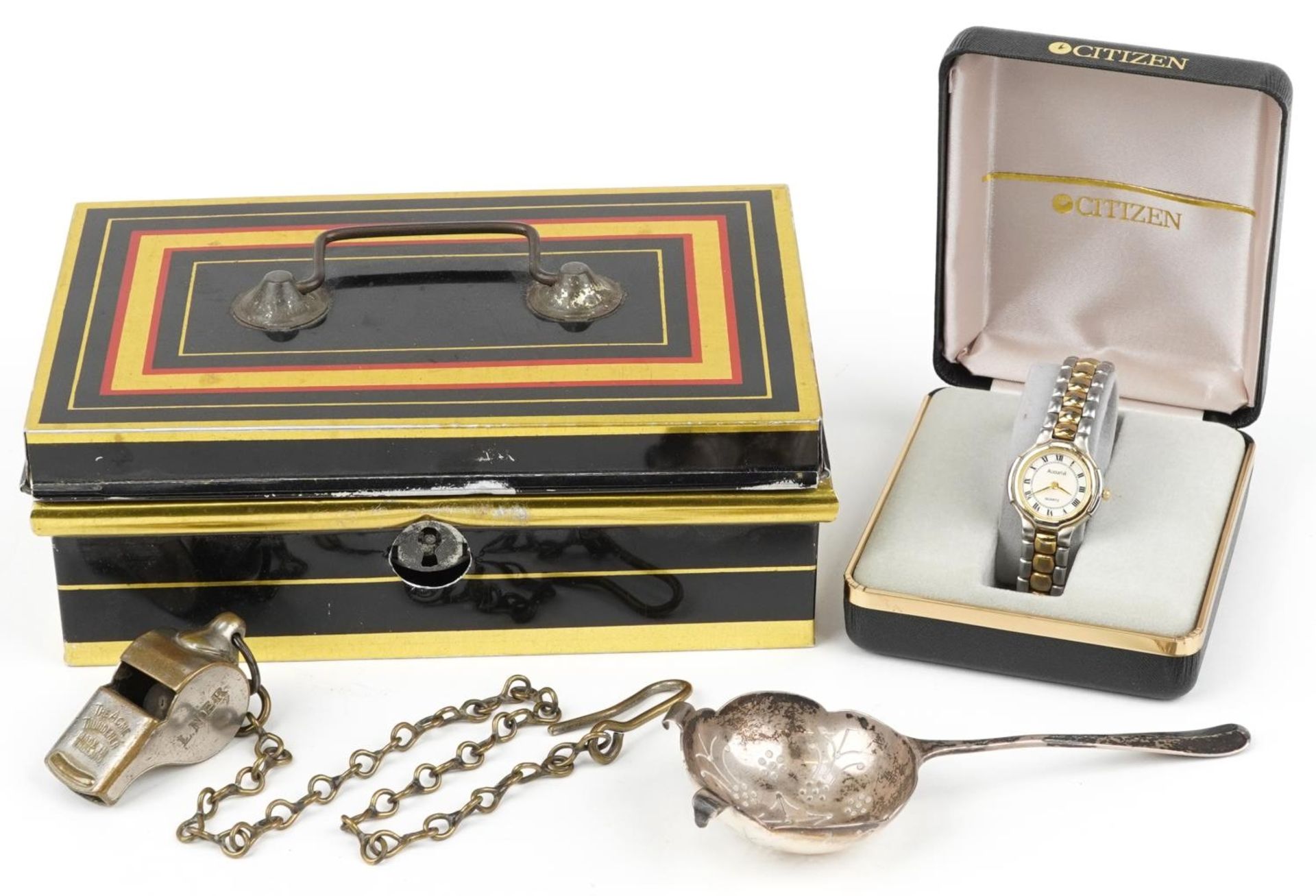 Objects comprising London North Eastern Railway whistle on chain, ladies Accurist wristwatch,