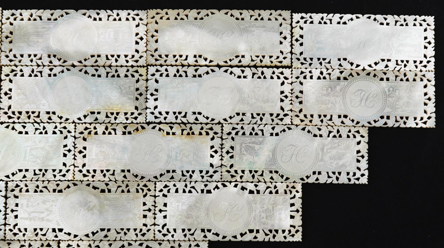 Good collection of Chinese Canton mother of pearl gaming counters finely carved and pierced with - Image 10 of 14