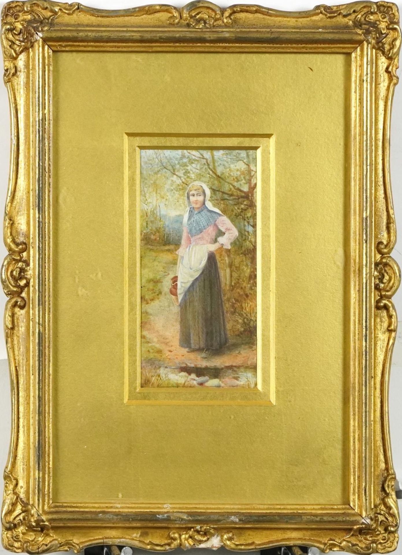 Helen Allingham - Female in a landscape holding a jug, Pre-Raphaelite watercolour, inscribed label - Image 2 of 5