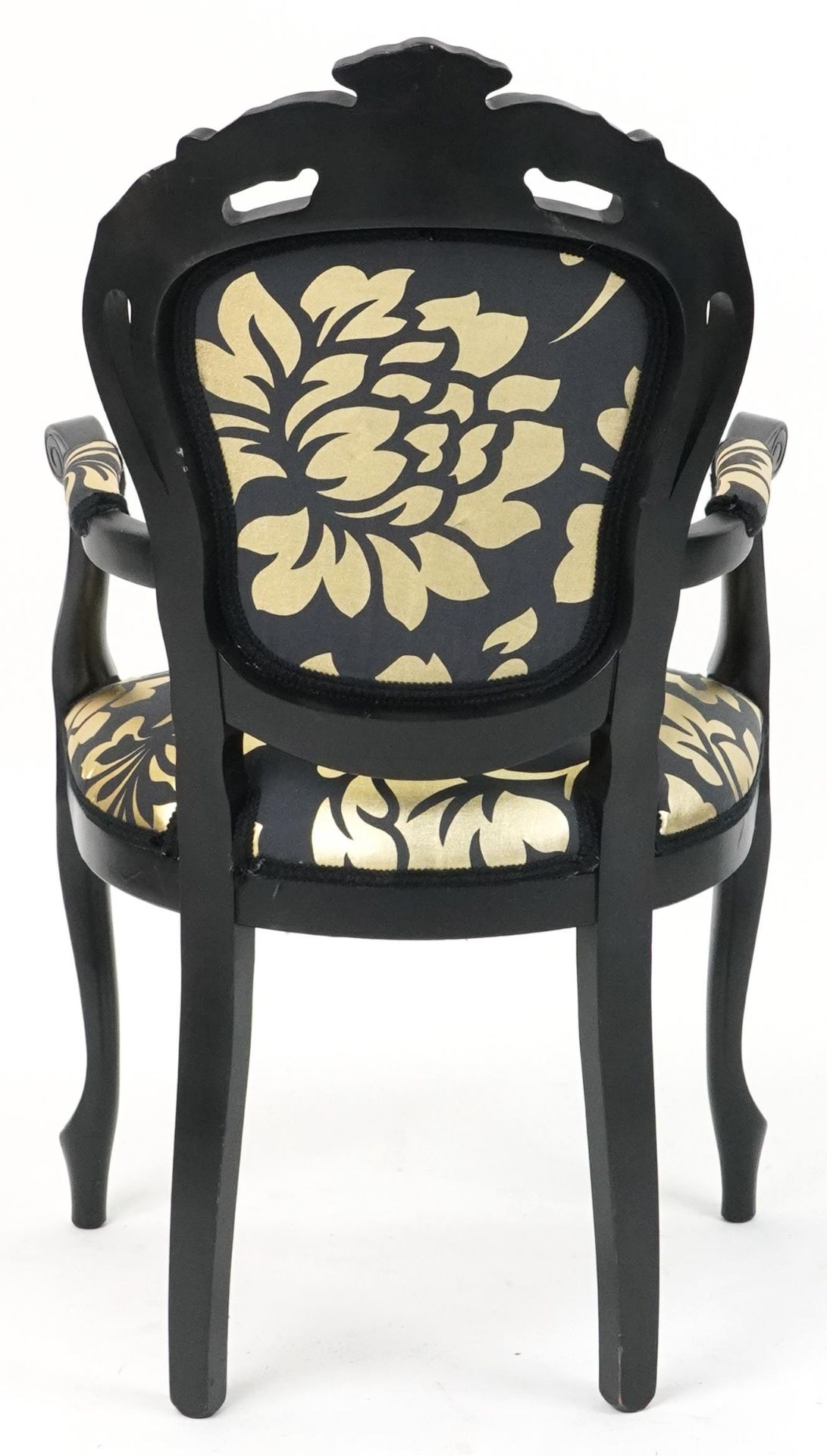 French style black painted elbow chair with black and gold floral upholstery, 103cm high - Image 4 of 4