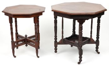 Two Edwardian mahogany centre tables with hexagonal tops, the largest 75cm high x 75cm in diameter