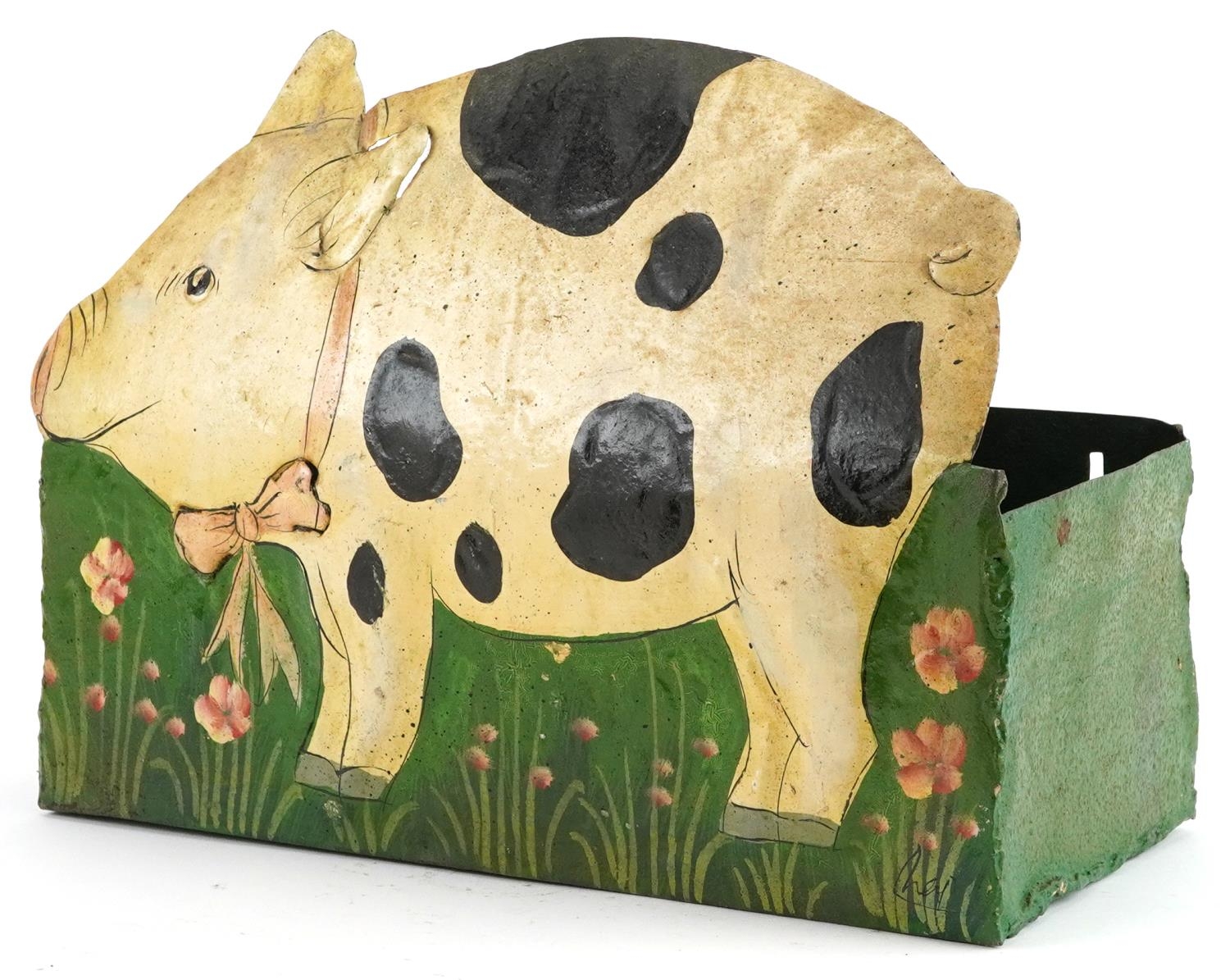 Folk Ark style Toleware hand painted metal wall pocket in the form of a grazing pig, 24cm H x 32cm W
