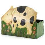 Folk Ark style Toleware hand painted metal wall pocket in the form of a grazing pig, 24cm H x 32cm W