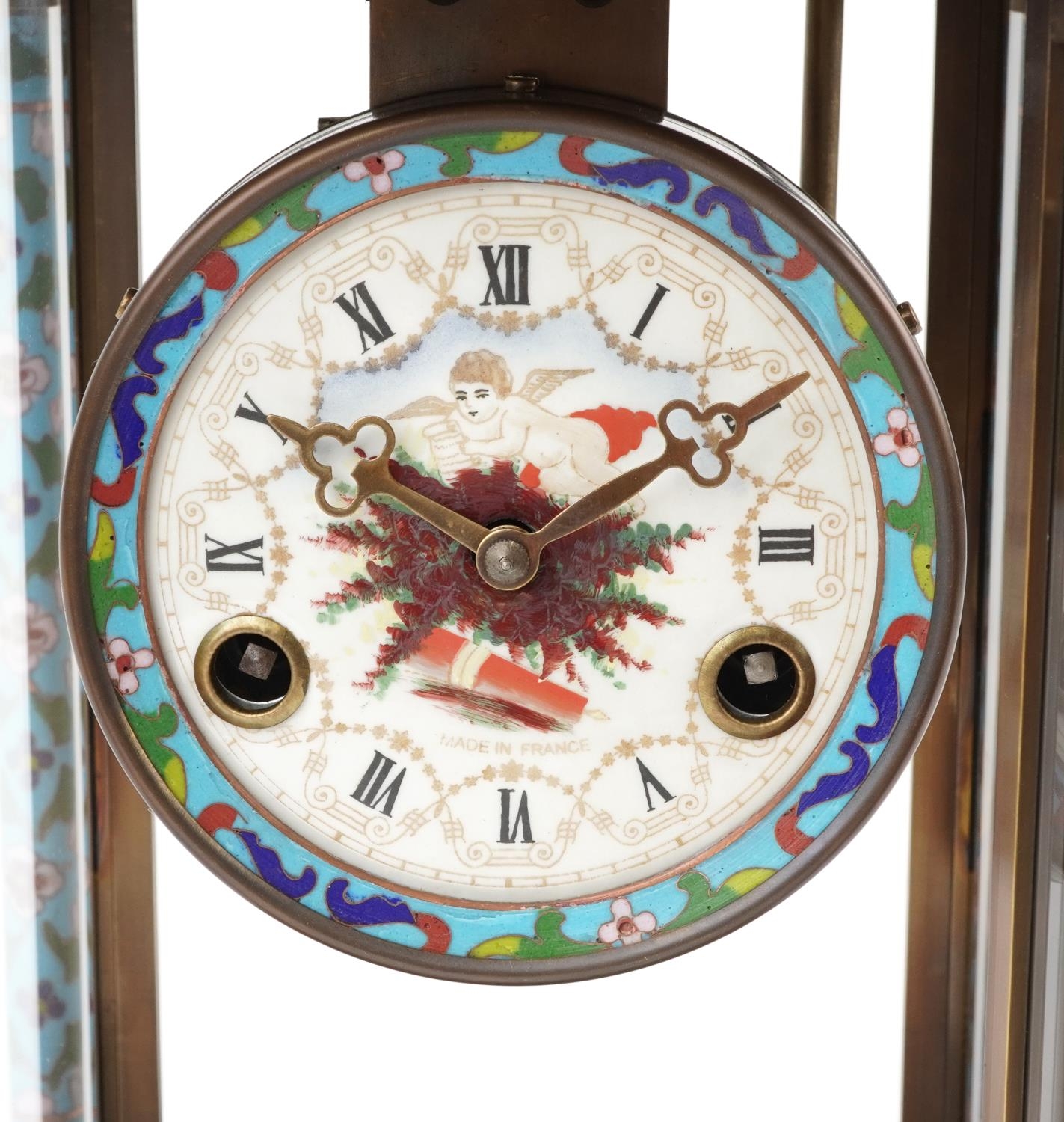 French champleve enamel and brass four glass mantle clock striking on a gong, the enamelled dial - Image 3 of 6