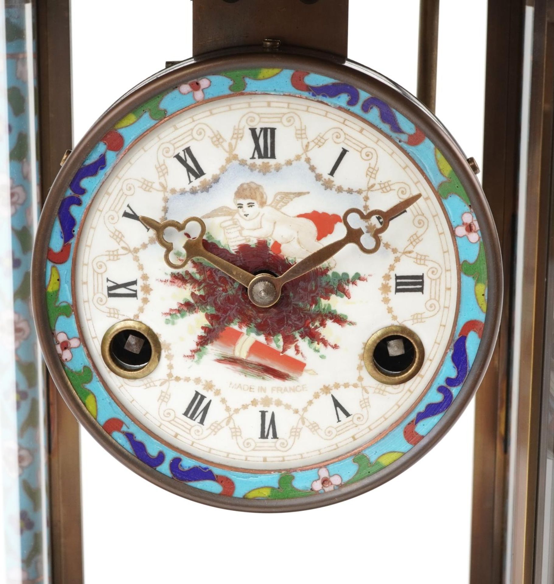 French champleve enamel and brass four glass mantle clock striking on a gong, the enamelled dial - Bild 3 aus 6