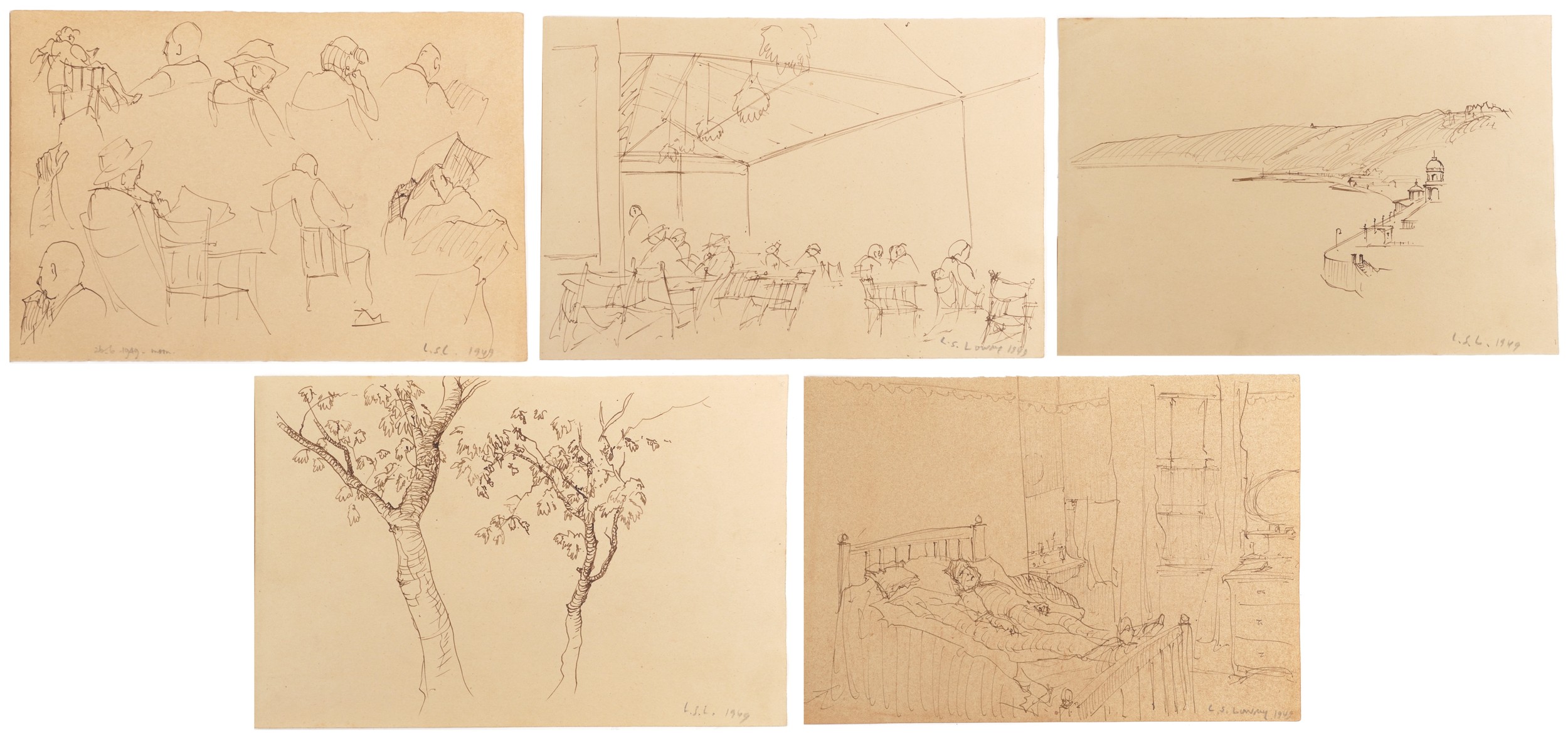 Attributed to Laurence Stephen Lowry - Figures and trees, Five ink sketches onto sketch book leaves,