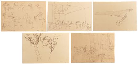 Attributed to Laurence Stephen Lowry - Figures and trees, Five ink sketches onto sketch book leaves,