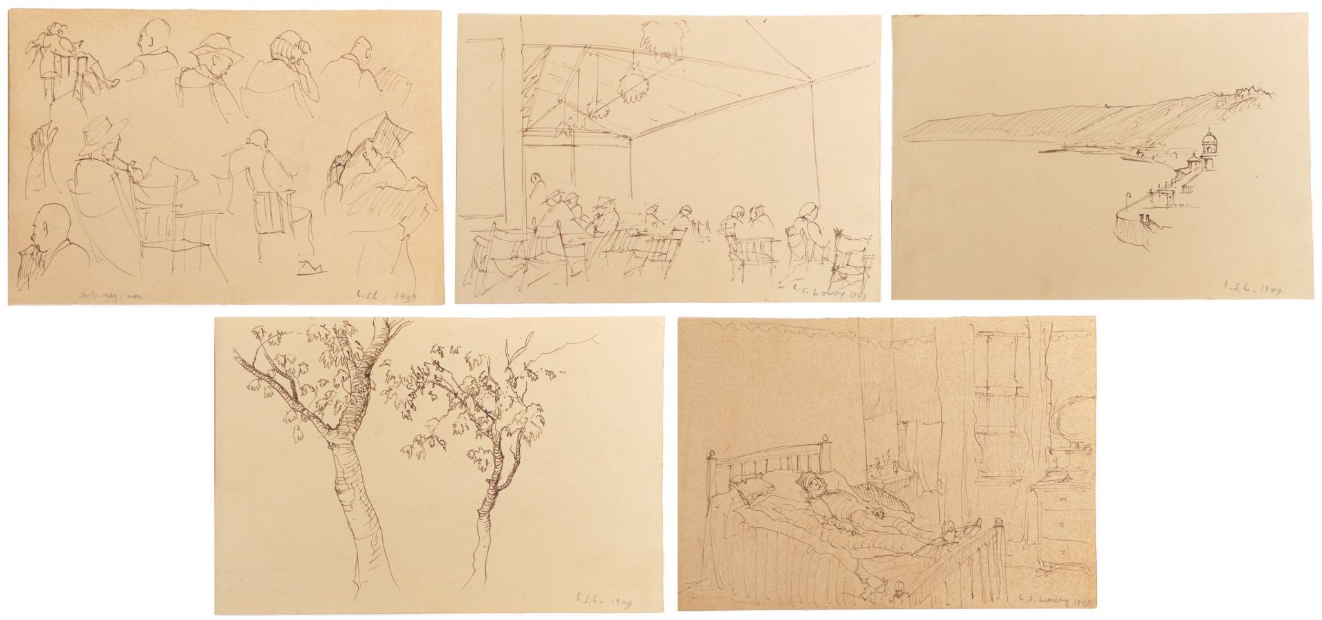 Attributed to Laurence Stephen Lowry - Figures and trees, Five ink sketches onto sketch book leaves,