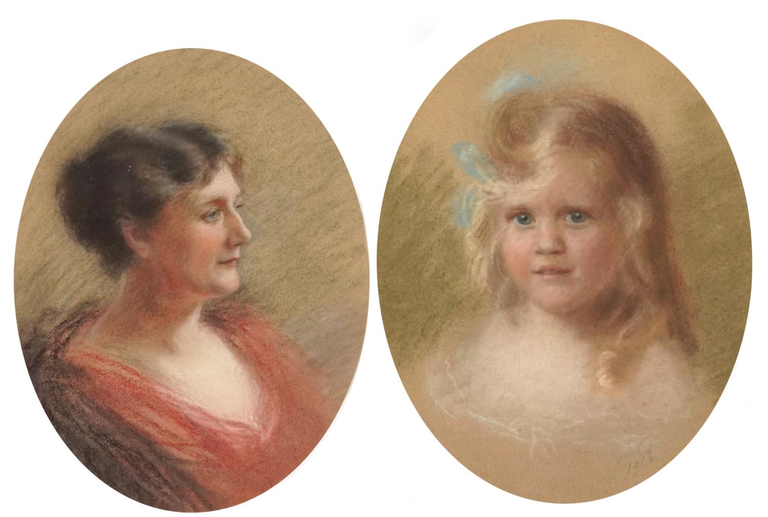 Top half portraits of a mother and daughter, pair of early 20th century oval pastels, one signed