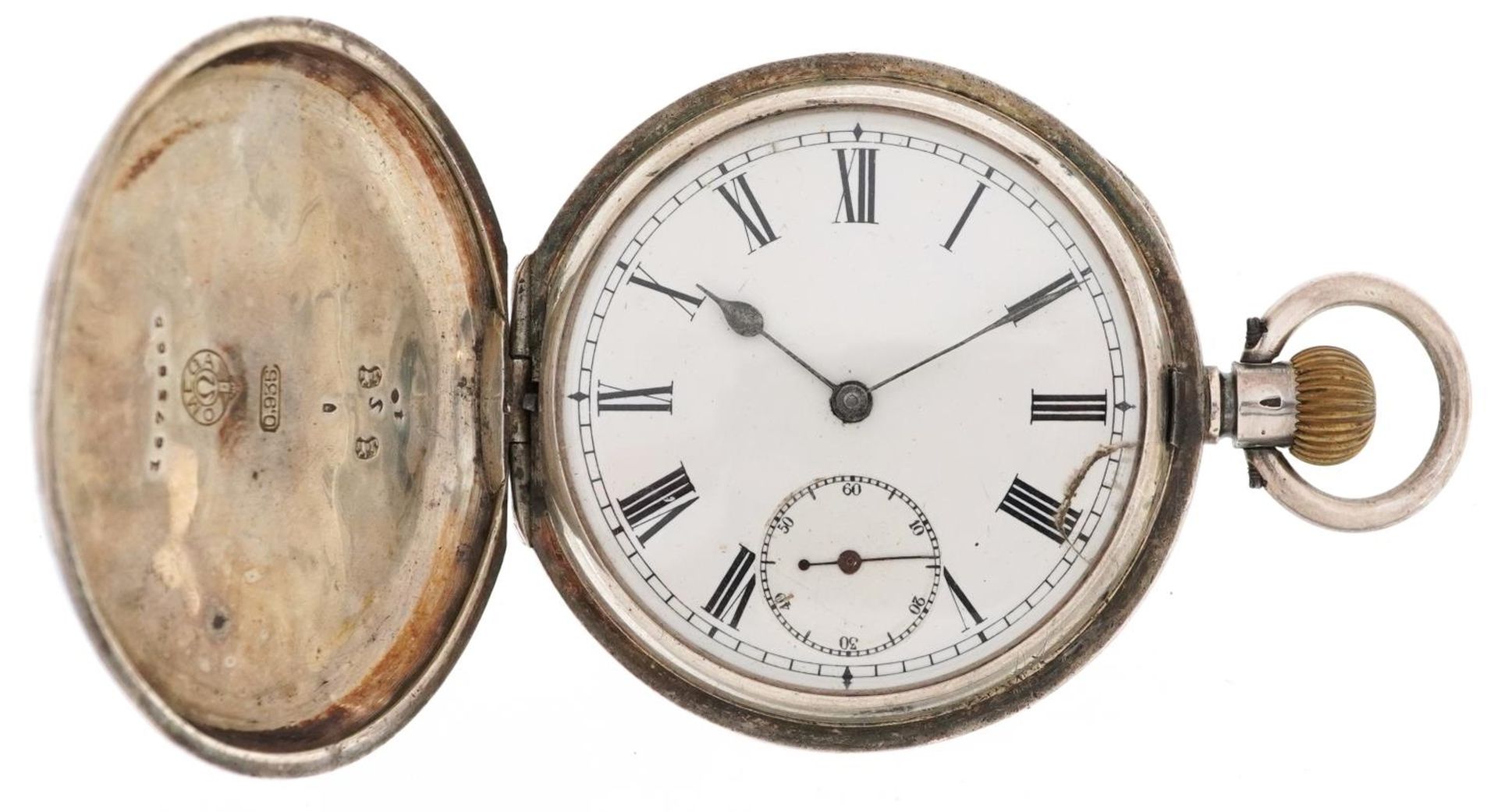 Gentlemen's silver keyless full hunter pocket watch having enamelled and subsidiary dials with Roman