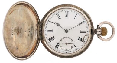 Gentlemen's silver keyless full hunter pocket watch having enamelled and subsidiary dials with Roman