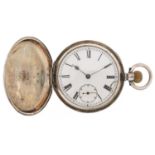 Gentlemen's silver keyless full hunter pocket watch having enamelled and subsidiary dials with Roman