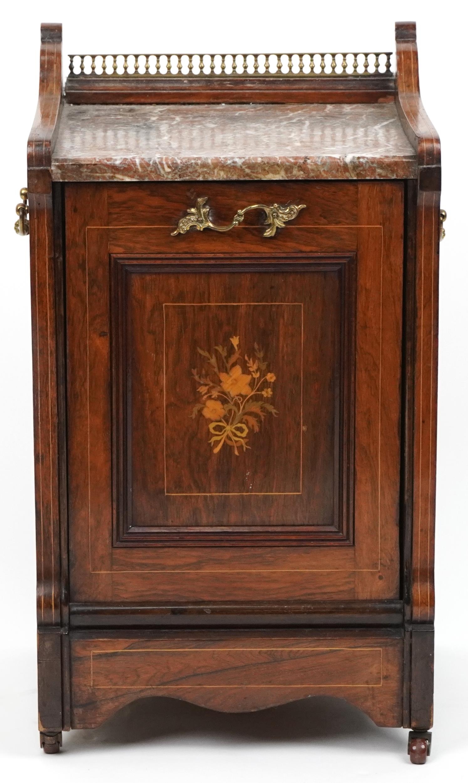 Victorian inlaid rosewood coal scuttle with marble top and brass mounts, 64cm H x 36cm W x 33.5cm D - Image 2 of 5