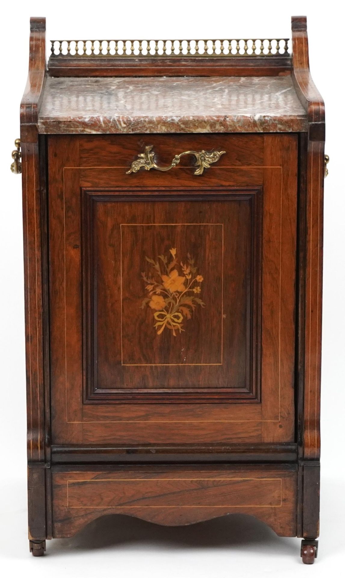 Victorian inlaid rosewood coal scuttle with marble top and brass mounts, 64cm H x 36cm W x 33.5cm D - Bild 2 aus 5