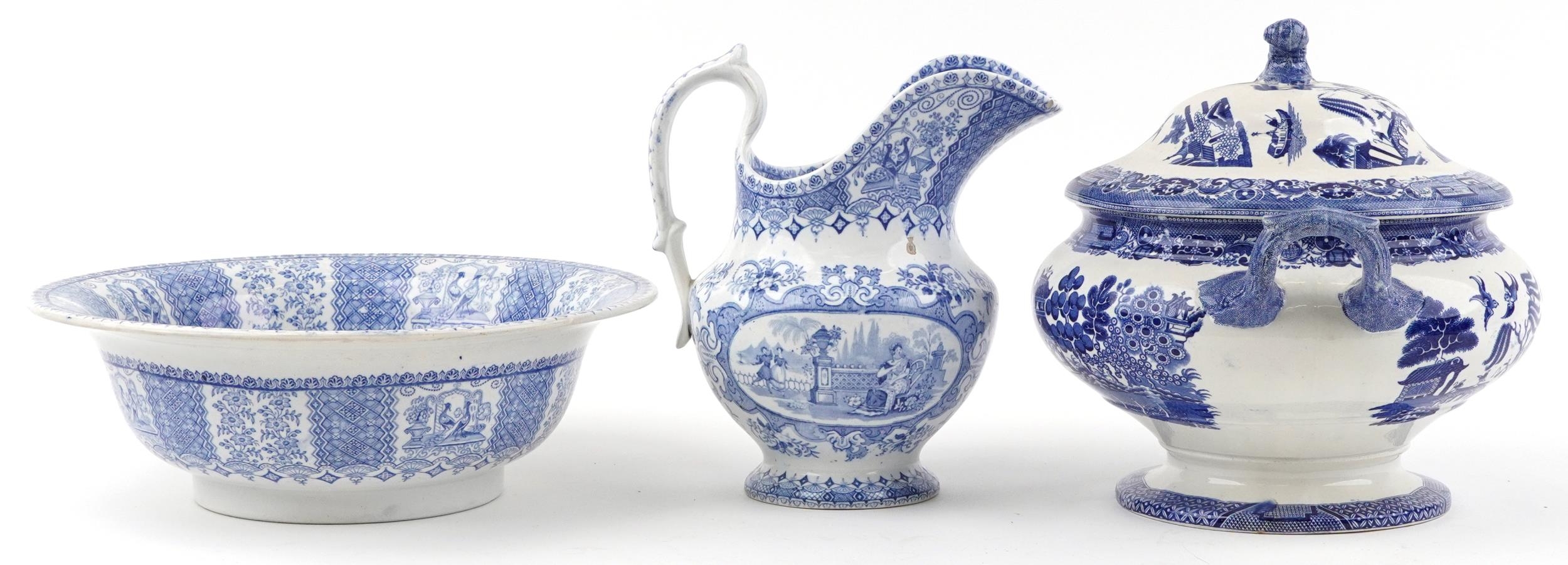 Victorian blue and white wash jug and basin, transfer printed in the Tyrolienne pattern and a - Image 7 of 10