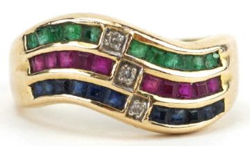 14ct gold multi gem three row half eternity ring set with diamonds, sapphires, rubies and