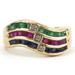 14ct gold multi gem three row half eternity ring set with diamonds, sapphires, rubies and