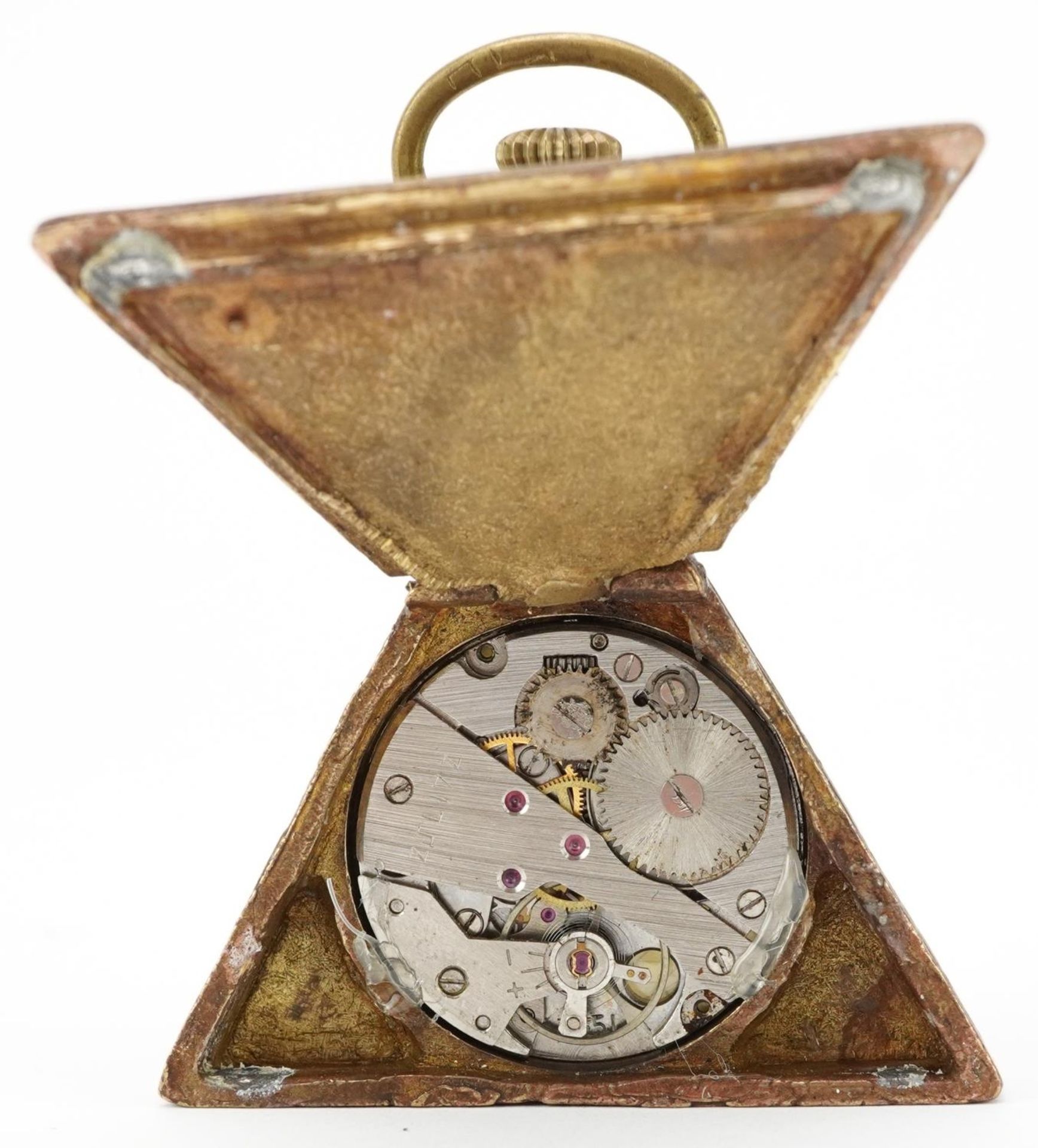 Masonic interest brass triangular pocket watch, 6cm high - Image 3 of 4