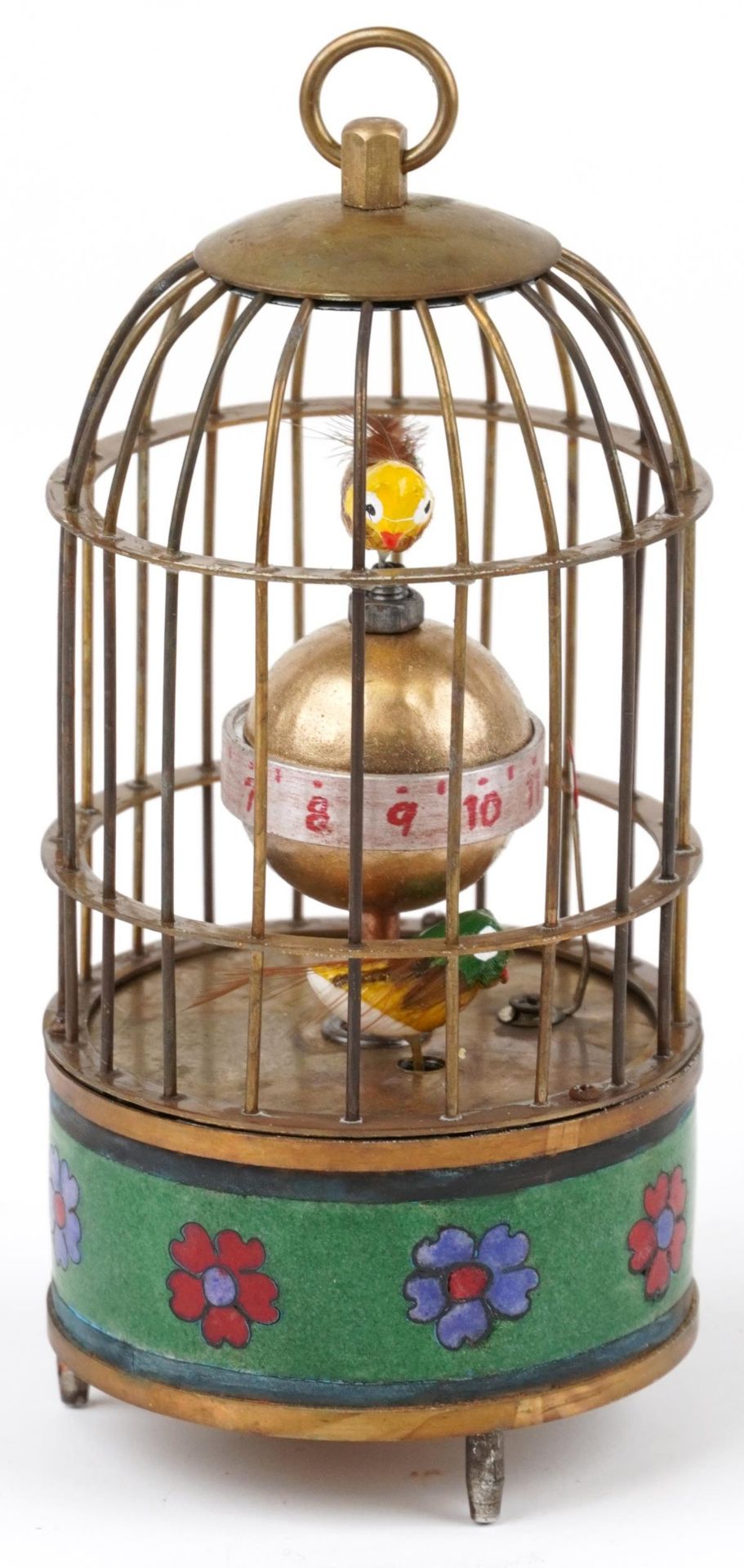 Clockwork automaton birdcage alarm clock with cloisonne band, 15.5cm high - Image 2 of 3