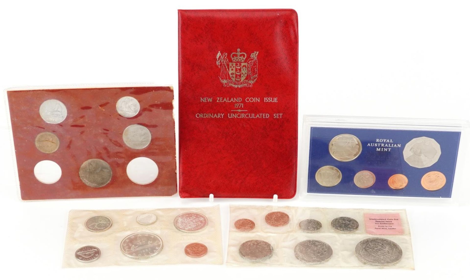 Four foreign uncirculated and proof coin sets including 1970 Royal Australian Mint, 1965 Canadian