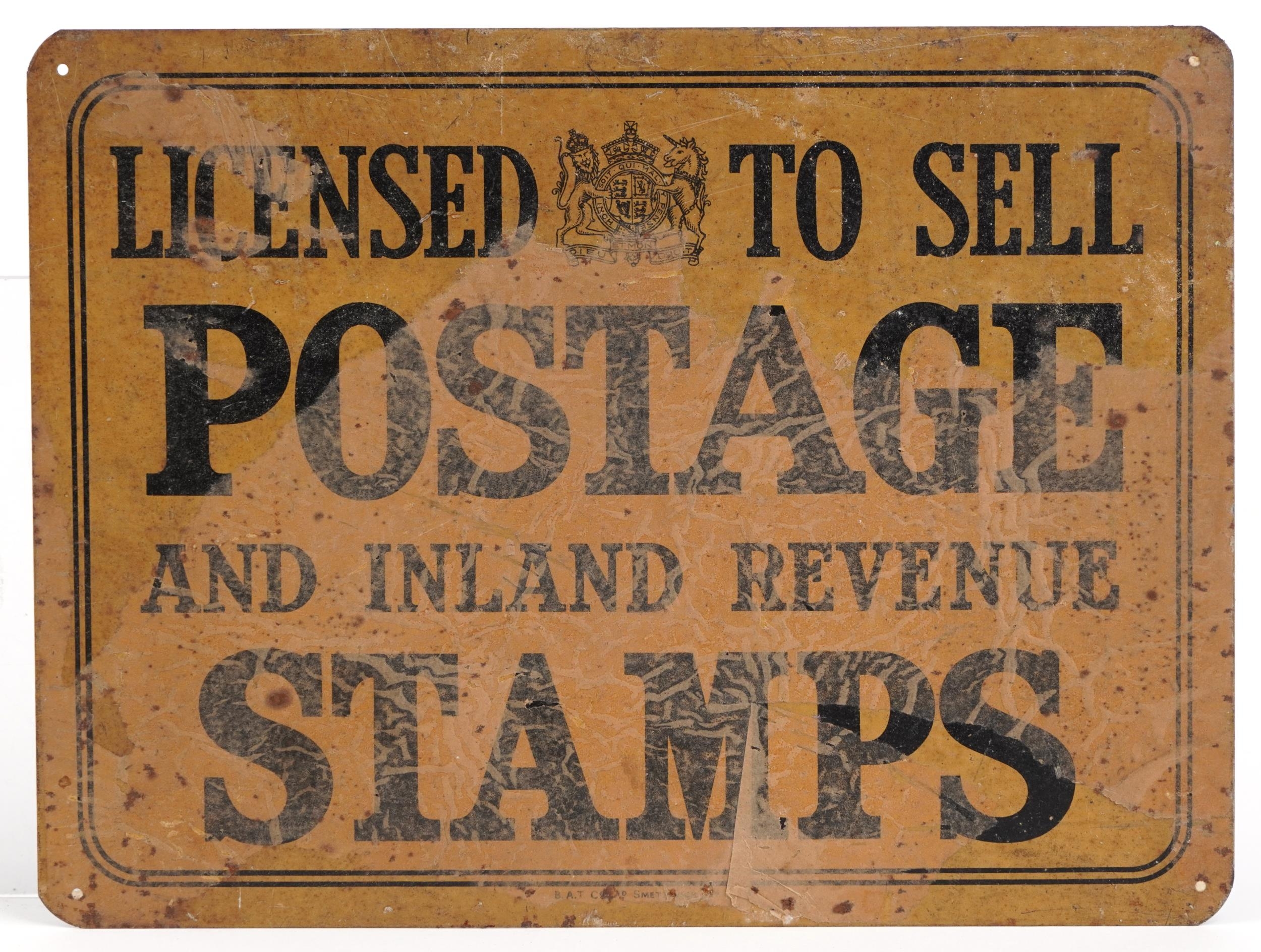 Vintage Licensed to Sell Postage and Inland Revenue Stamps advertising sign, 27.5cm x 21cm