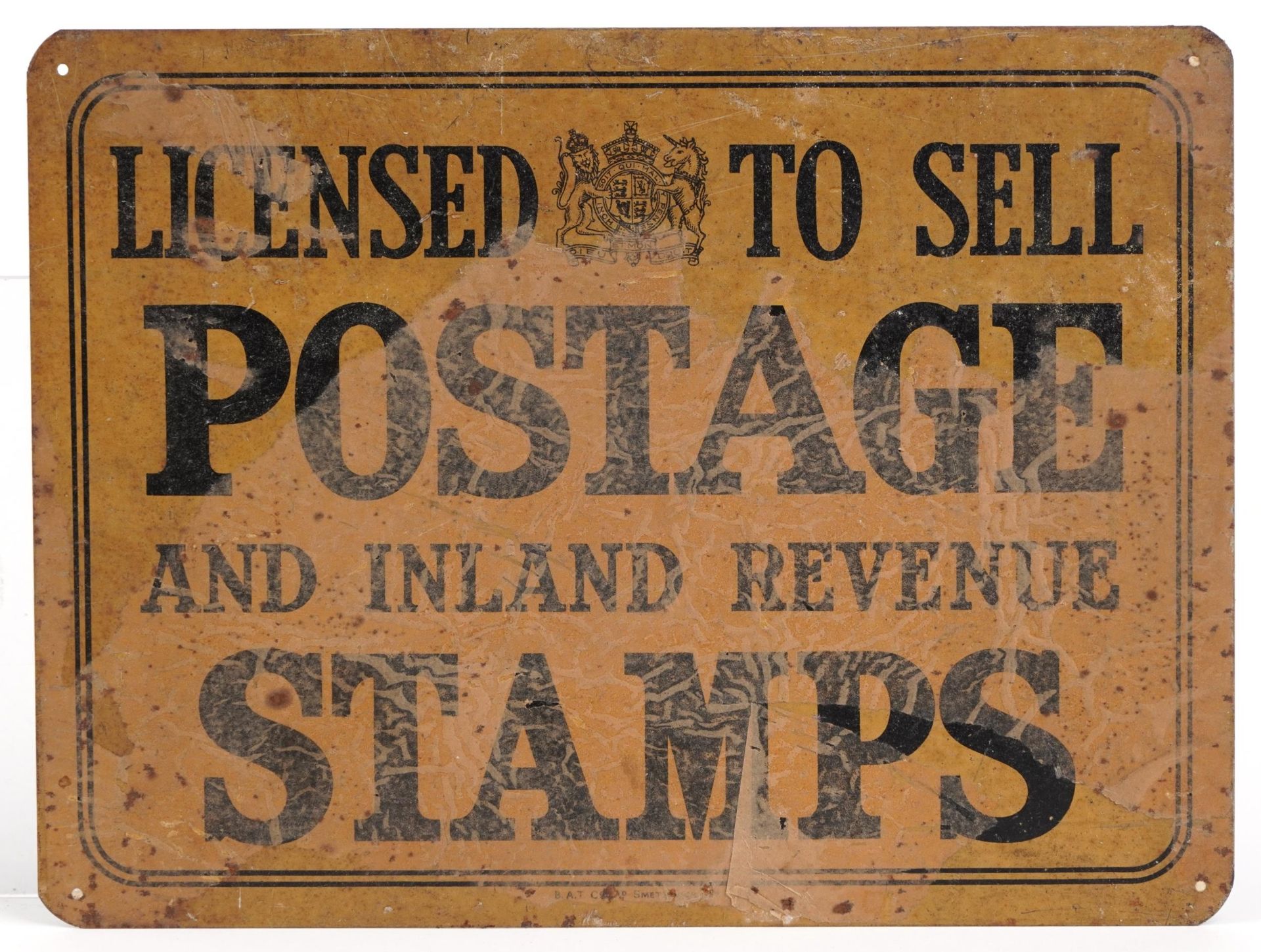 Vintage Licensed to Sell Postage and Inland Revenue Stamps advertising sign, 27.5cm x 21cm