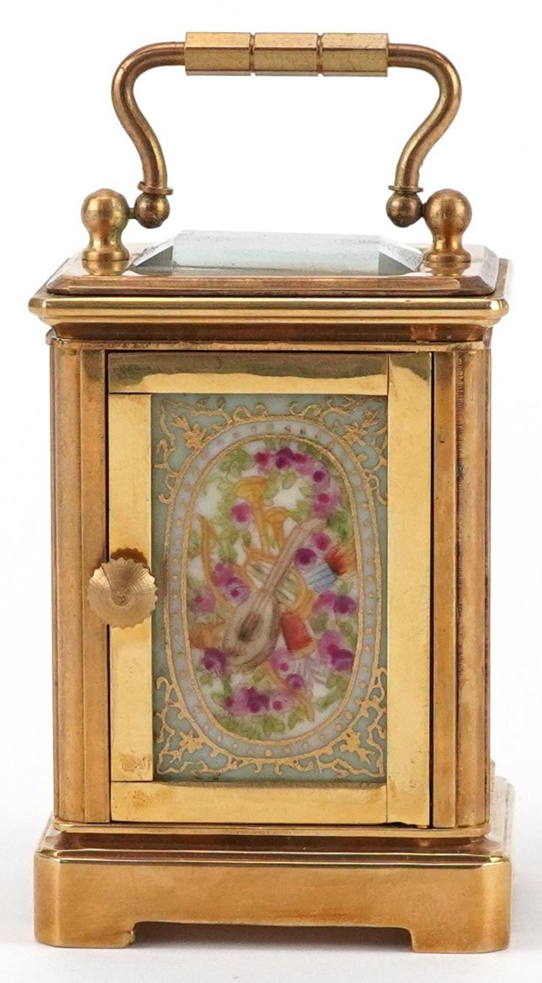 Miniature brass cased carriage clock with Sevres type porcelain panels depicting flowers, 5.5cm high - Image 5 of 8