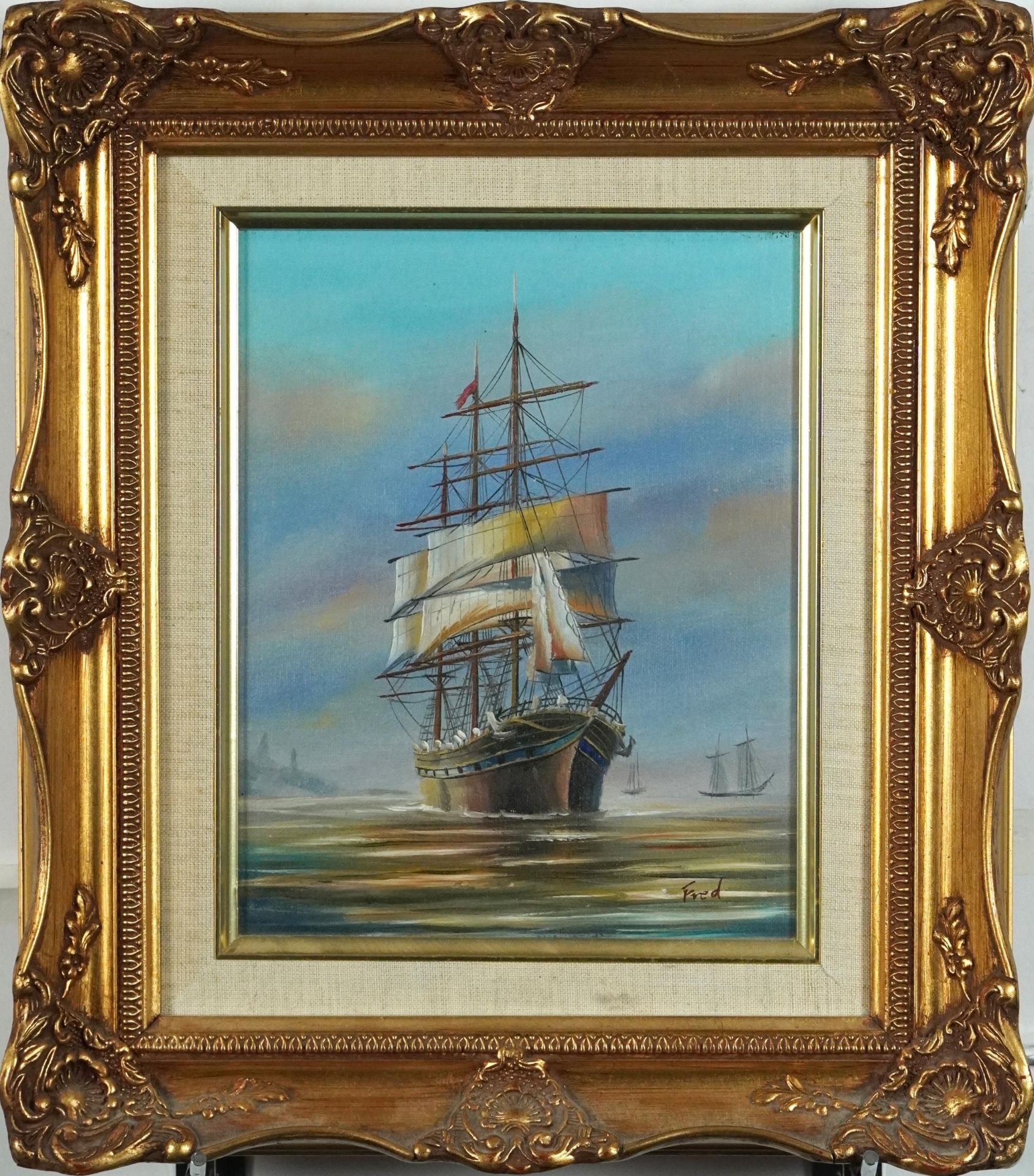 Fred - Rigged ship, naval interest oil on canvas, mounted and framed, 24cm x 19cm excluding the - Bild 2 aus 5