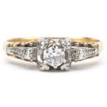 Unmarked gold diamond solitaire ring with ornate setting, total diamond weight approximately 0.15