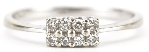 9ct white gold diamond nine stone cluster ring, size N/O, 1.3g