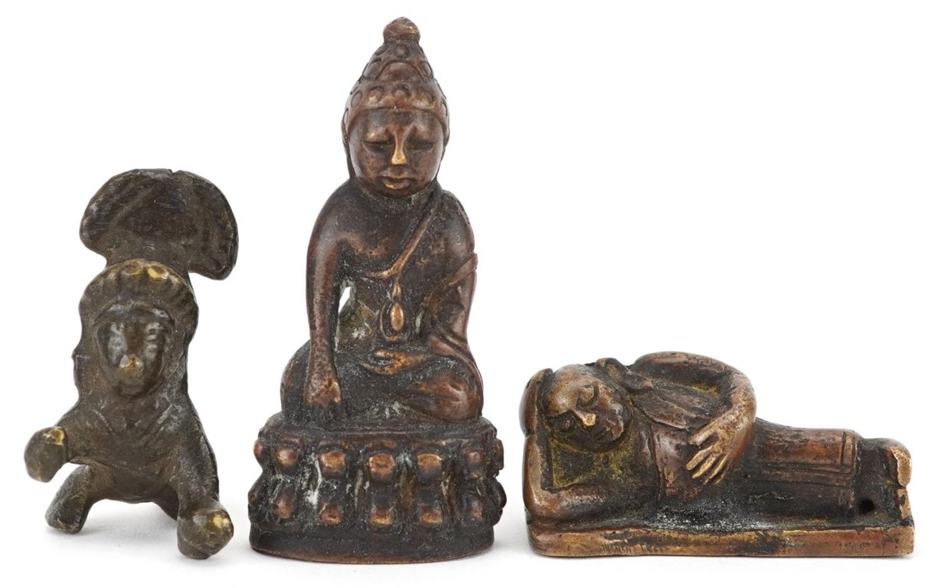 Three Chinese and Asian patinated bronze figures including an example of seated Buddha, the - Image 2 of 7