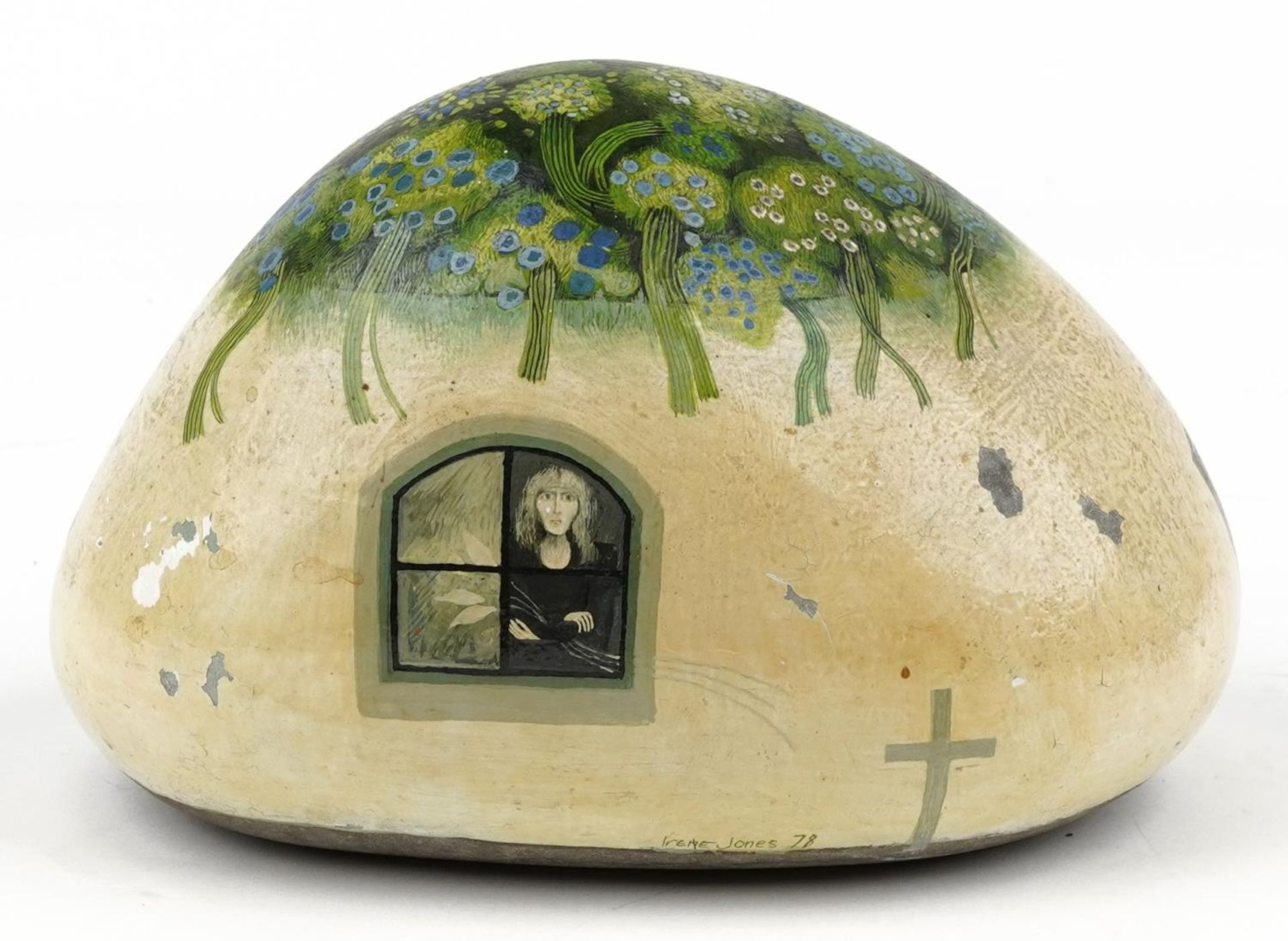 Irene Jones 1978 - Flowers for You, large Cornish school hand painted pebble stone, 21cm wide - Bild 2 aus 5