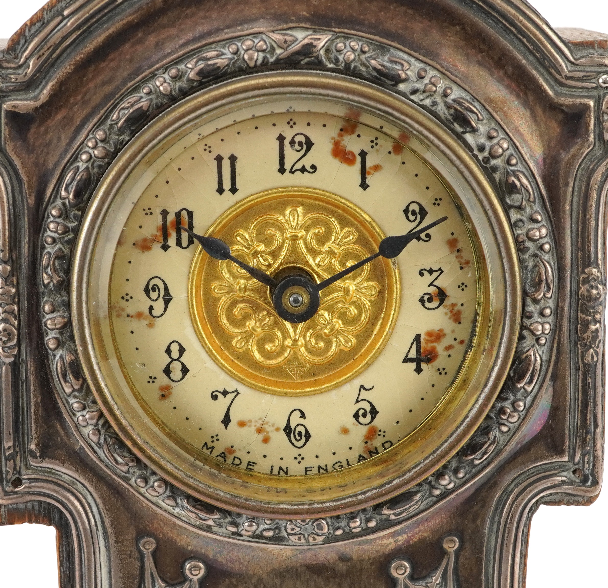 Art Nouveau silver mounted oak strut clock in the form of a longcase clock having enamelled dial - Image 3 of 6