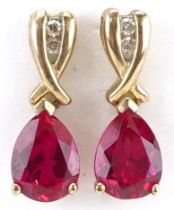 Pair of 9ct gold diamond and ruby teardrop earrings, each 1.7cm high, total 2.3g