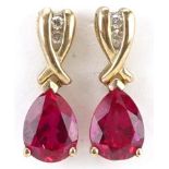 Pair of 9ct gold diamond and ruby teardrop earrings, each 1.7cm high, total 2.3g