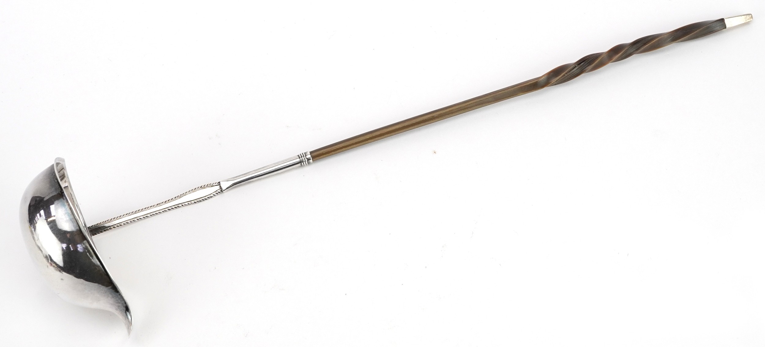 Georgian silver ladle with twisted horn handle, incomplete hallmarks, D H & Co maker's mark, 33cm in - Image 2 of 4