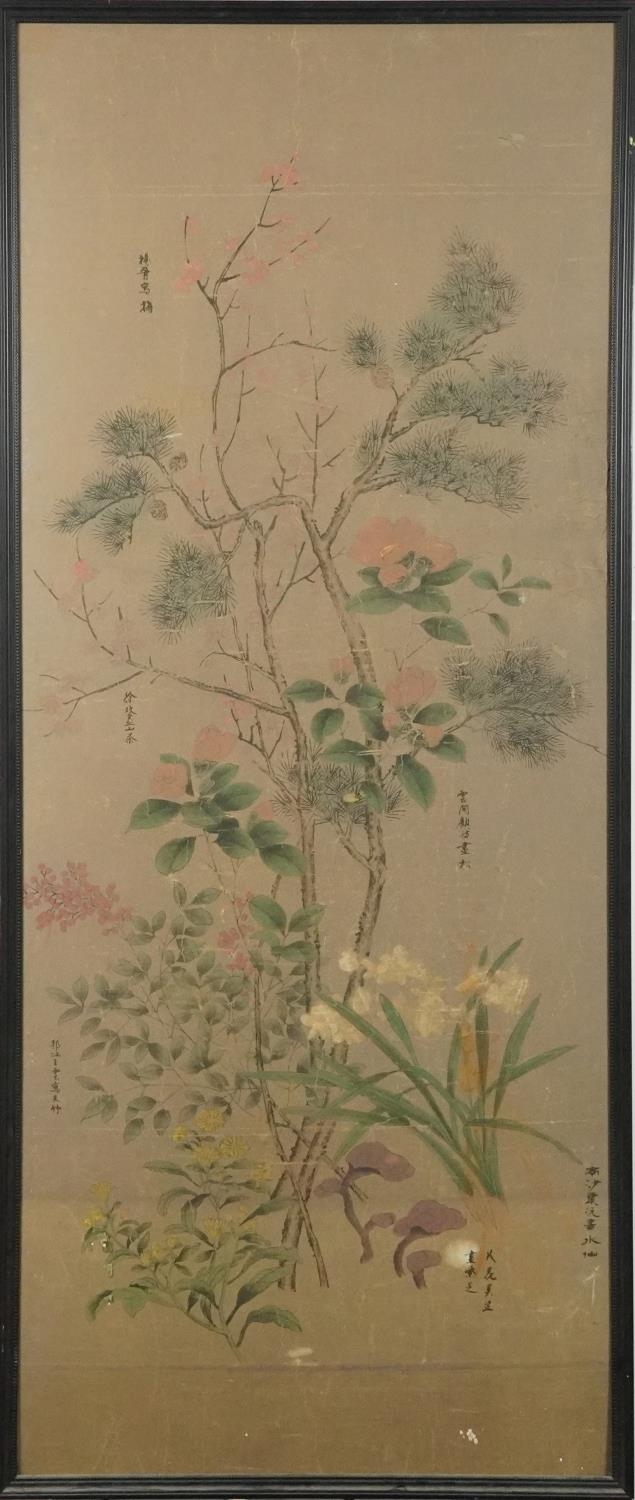 Flowers before trees, Chinese ink and watercolour with various calligraphy, framed, 135cm x 57.5cm - Image 2 of 9