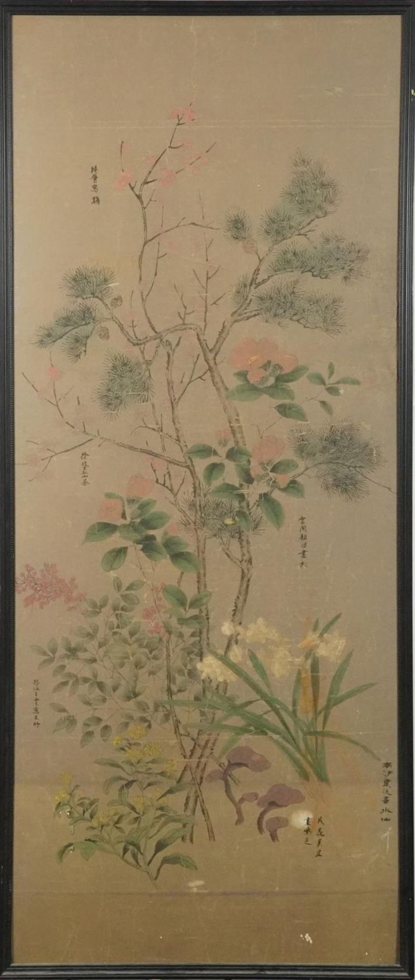 Flowers before trees, Chinese ink and watercolour with various calligraphy, framed, 135cm x 57.5cm - Bild 2 aus 9