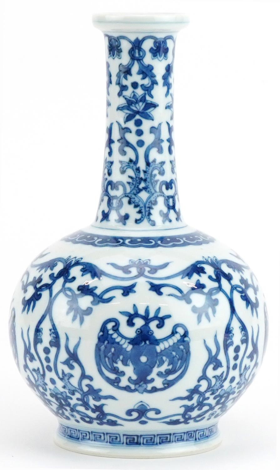 Chinese blue and white porcelain vase hand painted with stylised bats amongst scrolling foliage, six - Image 3 of 7