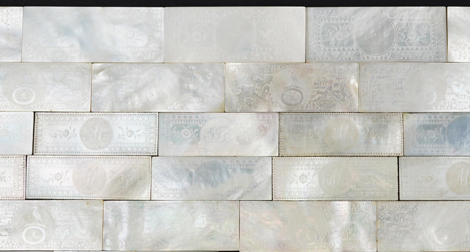 Good collection of Chinese Canton mother of pearl gaming counters, each carved with figures and - Image 12 of 24