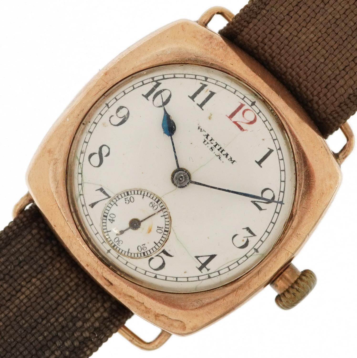 Waltham, gentlemen's 9ct gold manual wind wristwatch having enamelled and subsidiary dials with